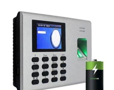 Keypad access control system with fingerprint scanner and LCD display, used for secure entry management.