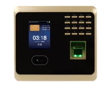 Touchscreen biometric access control device with keypad and fingerprint scanner for security management.